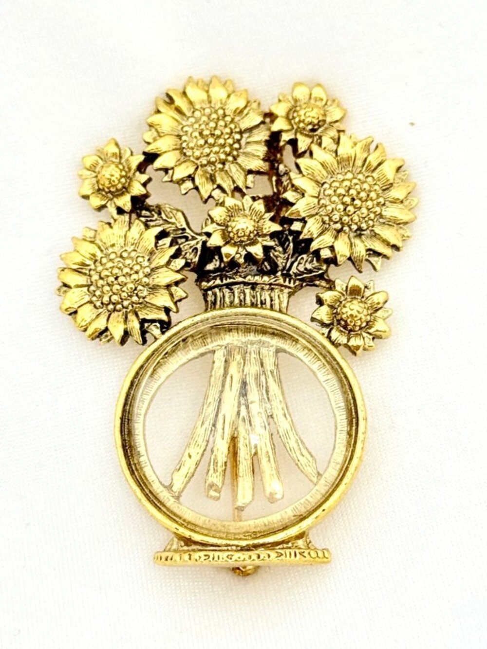 Vintage Gold-Tone Sunflower Bouquet Brooch With Clear Dome Vase Detail
